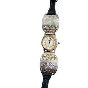 Silver And Black Leather Western Watch Preloved Southwestern Gold Embellishment